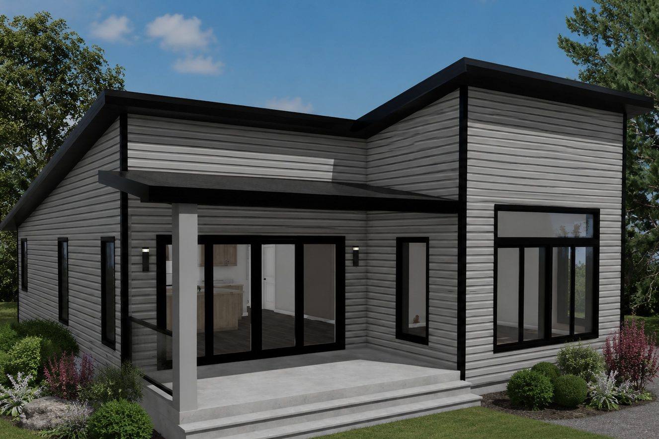 Le modèle Savard : maison moderne à toit plat, revêtement gris foncé, grandes fenêtres noires
